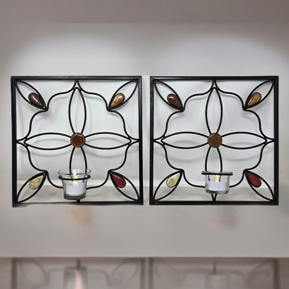 Elements Set Of 2 Wall Decor Candle Holders Black Metal Flower Design & Stones - Picture 1 of 14